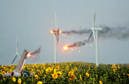 Depiction of Turbines Burning in Flower Field